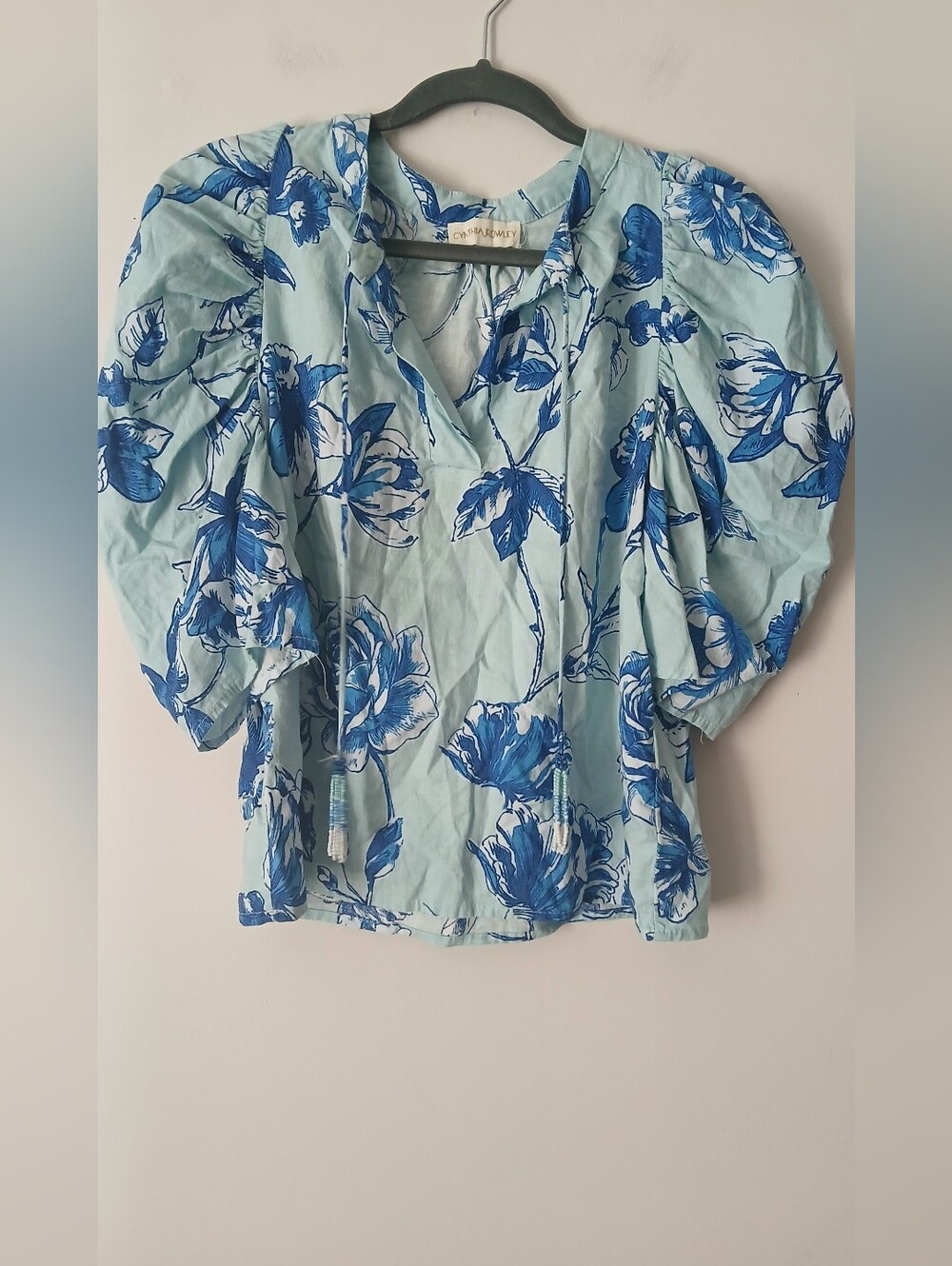 Cynthia Rowley Crop Blue Floral Puff-Sleeve Peasant Top Size S